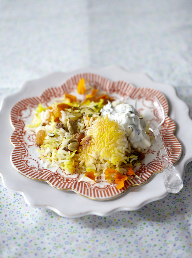 Saffron Rice Pilaff with Almonds and Minted Yoghurt